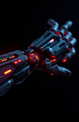 A stunning close-up of a futuristic cybernetic arm with intricate designs and a glowing interface, set against a dark, moody background