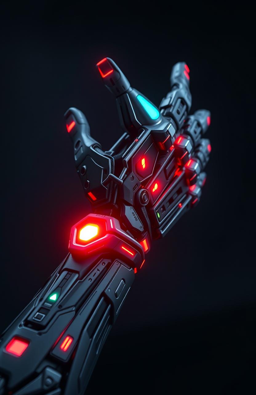 A stunning close-up of a futuristic cybernetic arm with intricate designs and a glowing interface, set against a dark, moody background