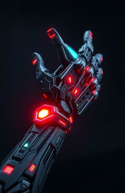 A stunning close-up of a futuristic cybernetic arm with intricate designs and a glowing interface, set against a dark, moody background