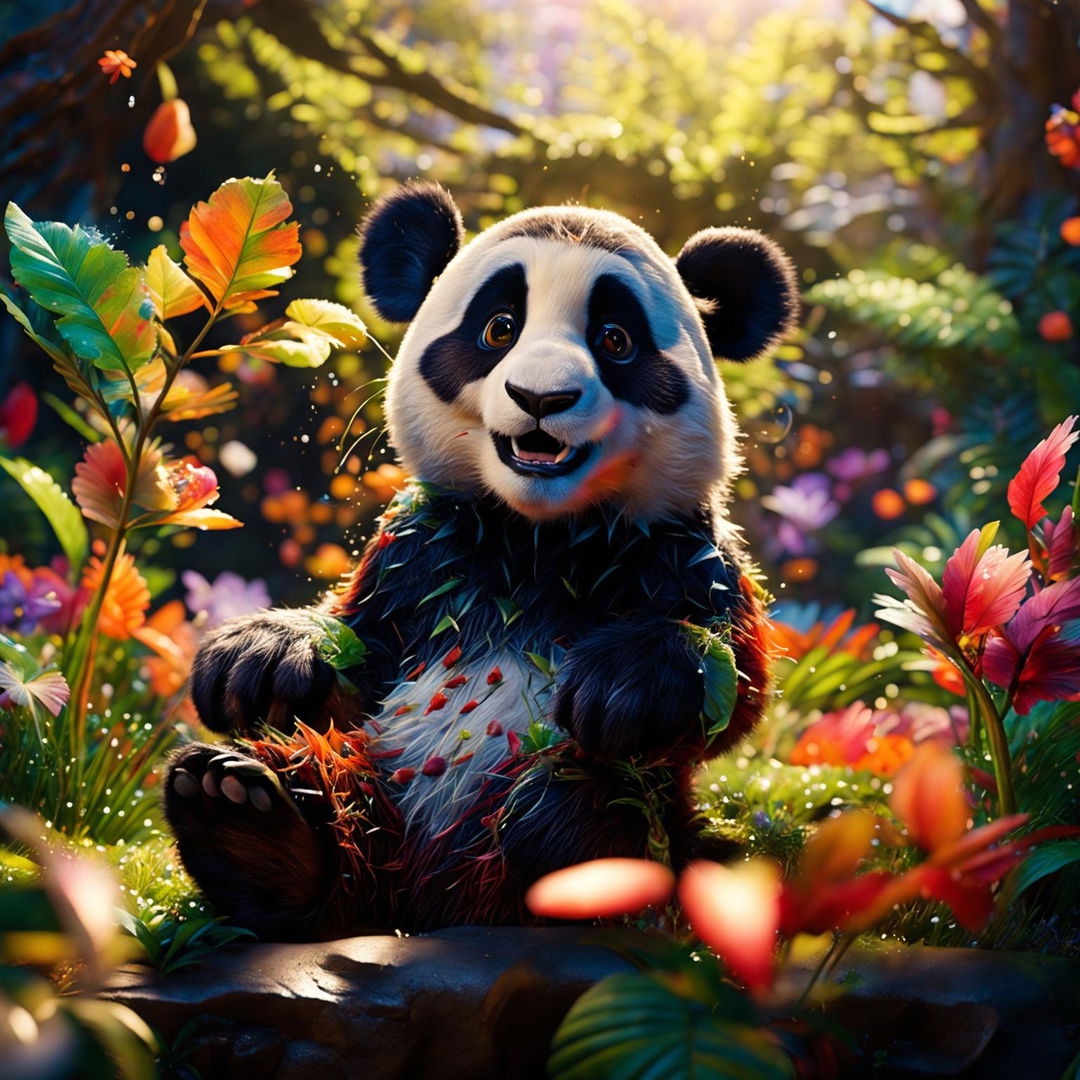 A scene featuring a cute panda in a vibrant forest, embodying the essence of classic Pixar movies.