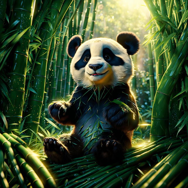 A classic Pixar-style scene featuring a cute panda in a vibrant bamboo forest, embodying the essence of Pixar's storytelling.