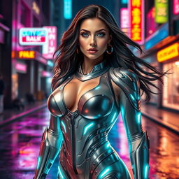 A stunning woman with the face of a renowned adult star, Angela White, seamlessly blended with the body of a futuristic character inspired by Laserina, featuring sleek, metallic armor and glowing accents