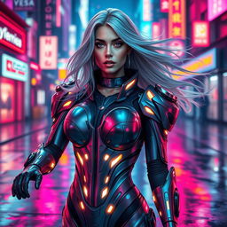 A stunning woman with the face of a renowned adult star, Angela White, seamlessly blended with the body of a futuristic character inspired by Laserina, featuring sleek, metallic armor and glowing accents