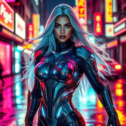 A stunning woman with the face of a renowned adult star, Angela White, seamlessly blended with the body of a futuristic character inspired by Laserina, featuring sleek, metallic armor and glowing accents