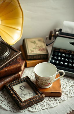 A beautifully arranged vintage still life scene featuring an assortment of retro items