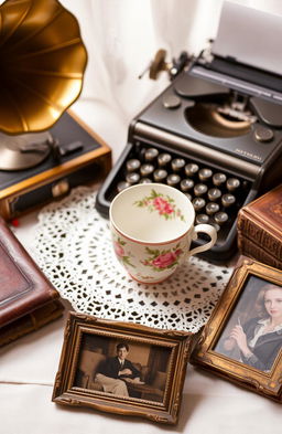 A beautifully arranged vintage still life scene featuring an assortment of retro items