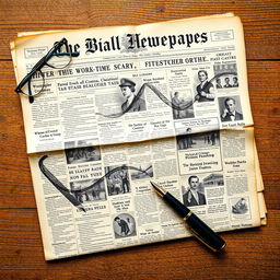 An artistic depiction of a vintage newspaper spread from the early 20th century, showcasing intricate typography and faded print illustrations