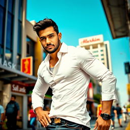 A handsome man with defined features and a confident expression, standing in a dynamic pose