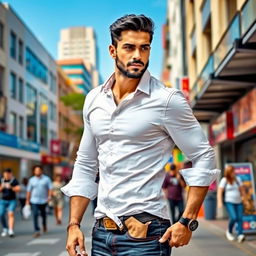 A handsome man with defined features and a confident expression, standing in a dynamic pose