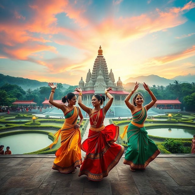 A stunning book cover background depicting the enchanting Katharagama in Sri Lanka, with a vibrant scene showcasing beautiful women dressed in traditional attire engaged in the cultural dance of Kawadi