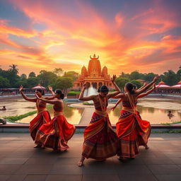 A stunning book cover background depicting the enchanting Katharagama in Sri Lanka, with a vibrant scene showcasing beautiful women dressed in traditional attire engaged in the cultural dance of Kawadi