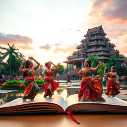A stunning book cover background depicting the enchanting Katharagama in Sri Lanka, with a vibrant scene showcasing beautiful women dressed in traditional attire engaged in the cultural dance of Kawadi