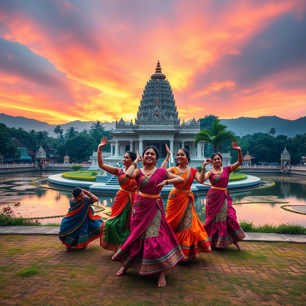 A stunning book cover background depicting the enchanting Katharagama in Sri Lanka, with a vibrant scene showcasing beautiful women dressed in traditional attire engaged in the cultural dance of Kawadi