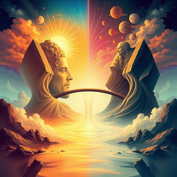 A philosophical illustration depicting the concepts of Platonism, illustrating the dualism of Plato's thought