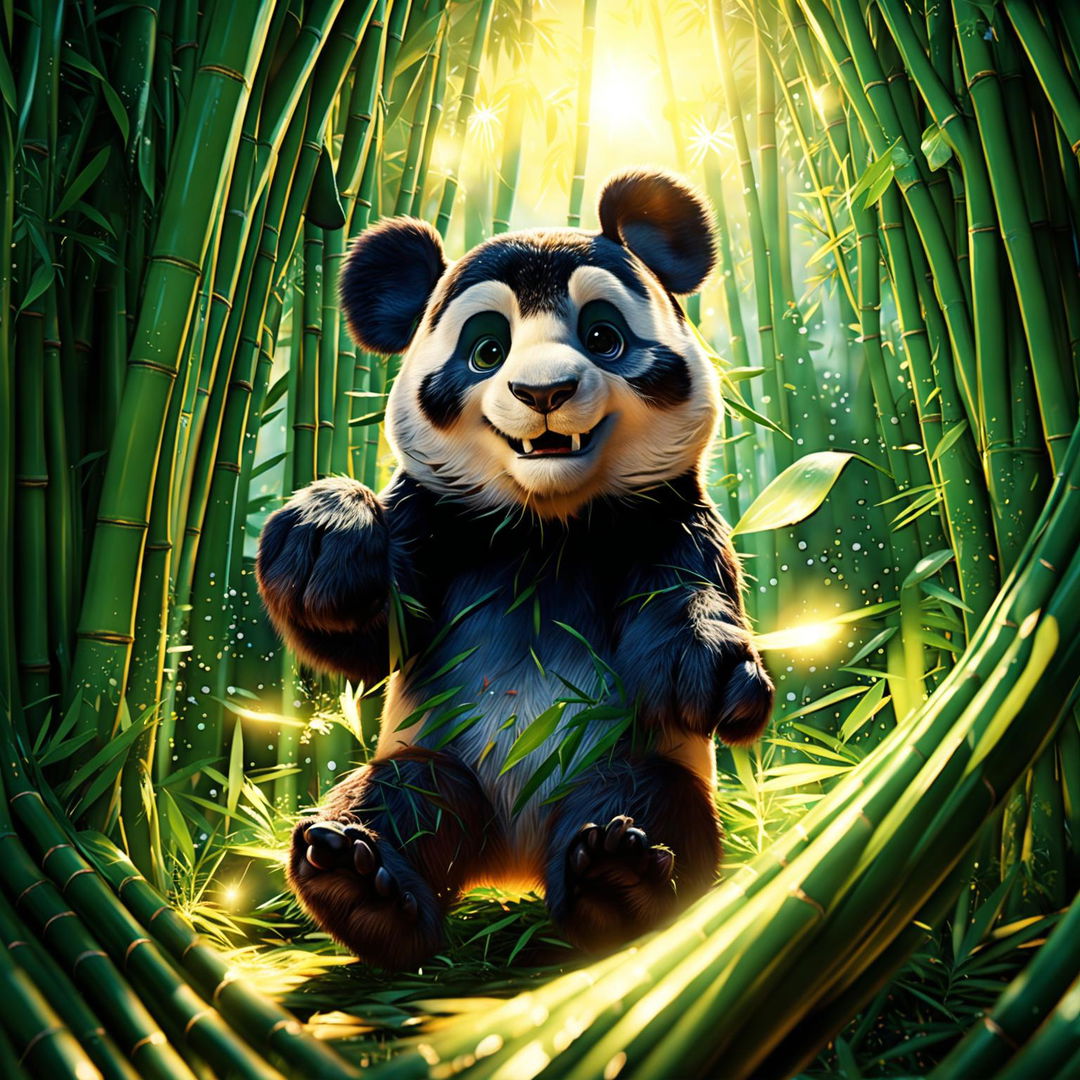 A classic Pixar-style scene featuring a cute panda in a vibrant bamboo forest, embodying the essence of Pixar's storytelling.