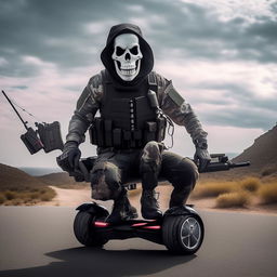 A rifle-armed kidnapper donned in a skeleton face mask and standard bullet-proof vest, daringly gliding on a hover-board in the expansive sky.