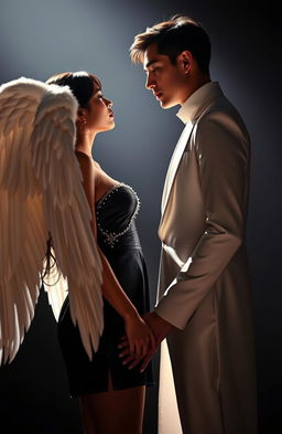 A romantic scene featuring a brown Indian woman with long, ethereal angel wings dressed in a short, shiny black dress adorned with rhinestones, and a tall, lean white Korean man in elegant singer's clothing