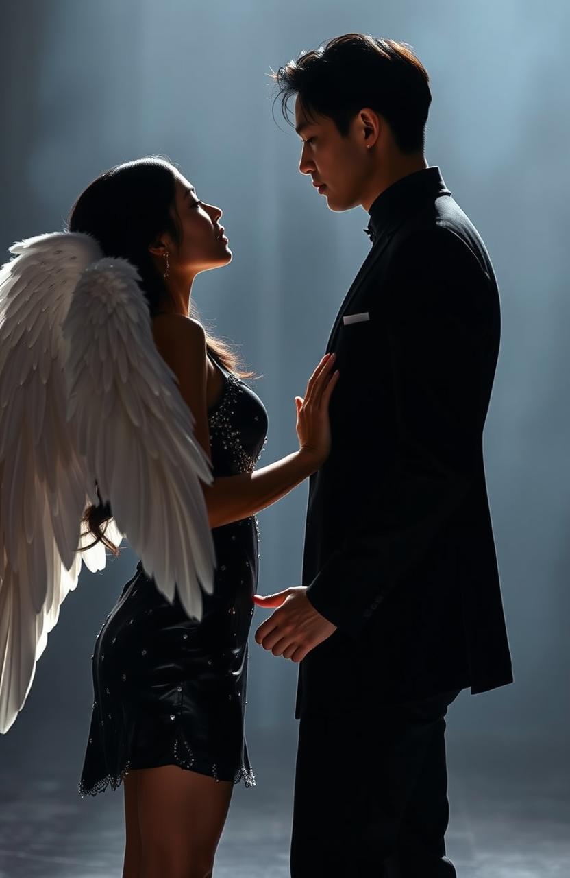 A romantic scene featuring a brown Indian woman with long, ethereal angel wings dressed in a short, shiny black dress adorned with rhinestones, and a tall, lean white Korean man in elegant singer's clothing