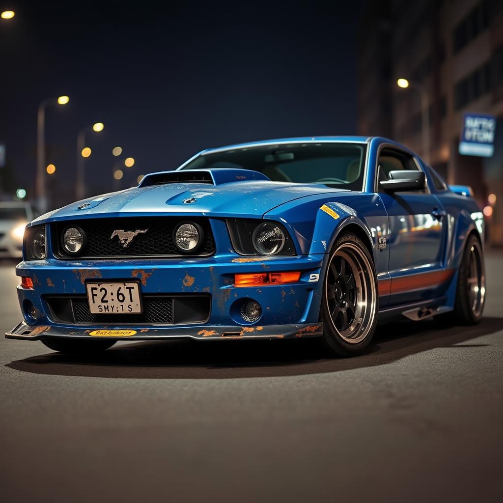 A blue 2006 Ford Mustang rat rod with a very aggressive widebody kit, featuring scratched paint and mismatched body panels that reflect its rugged charm