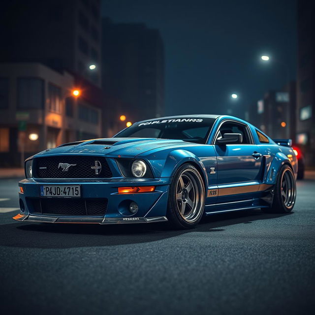 A blue 2006 Ford Mustang rat rod with a very aggressive widebody kit, featuring scratched paint and mismatched body panels that reflect its rugged charm