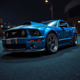 A blue 2006 Ford Mustang rat rod with a very aggressive widebody kit, featuring scratched paint and mismatched body panels that reflect its rugged charm