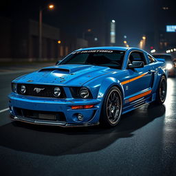 A blue 2006 Ford Mustang rat rod with a very aggressive widebody kit, featuring scratched paint and mismatched body panels that reflect its rugged charm
