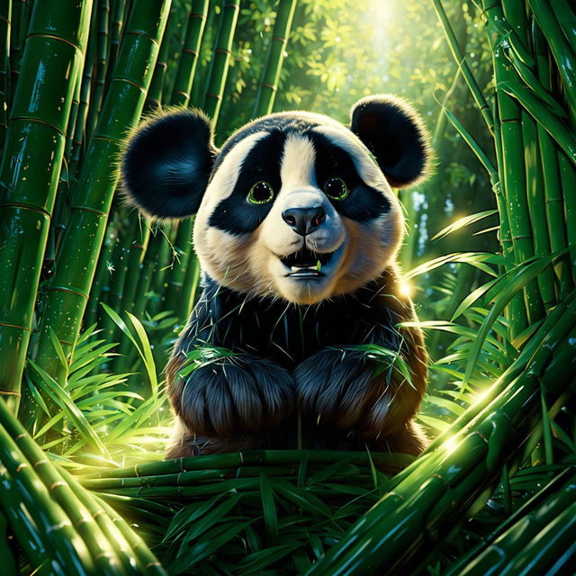 A classic Pixar-style scene featuring a cute panda with Pixar's signature style in a vibrant bamboo forest.