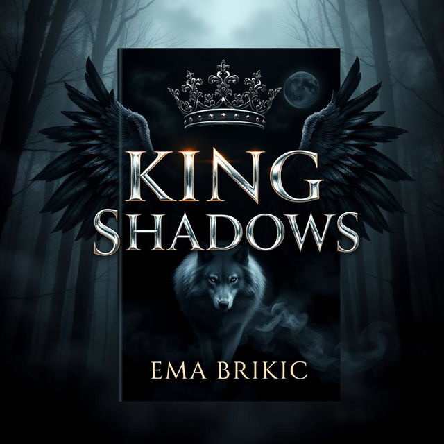 A stunning book cover design for 'King of Shadows', featuring the title in radiant metallic letters that shimmer against a dark, atmospheric forest background