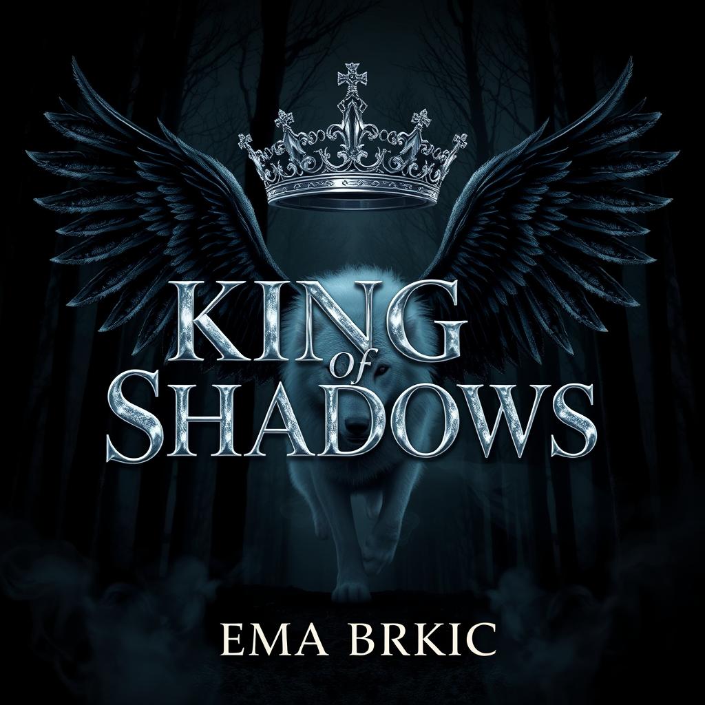 A stunning book cover design for 'King of Shadows', featuring the title in radiant metallic letters that shimmer against a dark, atmospheric forest background