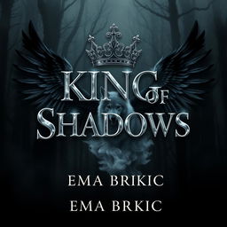 A stunning book cover design for 'King of Shadows', featuring the title in radiant metallic letters that shimmer against a dark, atmospheric forest background