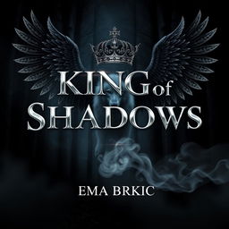 A stunning book cover design for 'King of Shadows', featuring the title in radiant metallic letters that shimmer against a dark, atmospheric forest background
