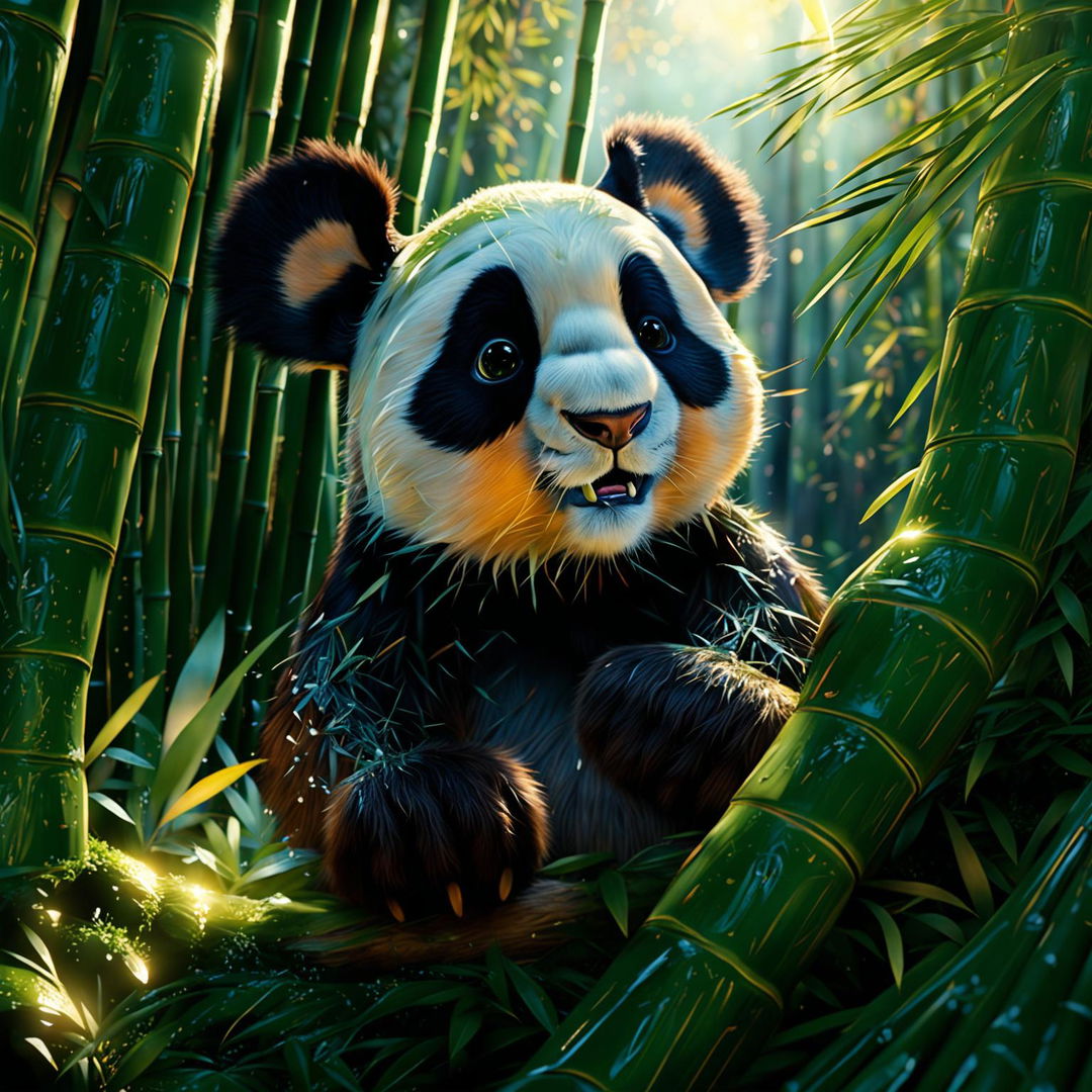 A classic Pixar-style scene featuring a panda designed in Pixar's signature style, set in a vibrant bamboo forest.