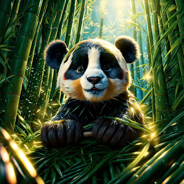 A Pixar-style scene featuring a panda designed in Pixar's signature style, set in a vibrant bamboo forest.