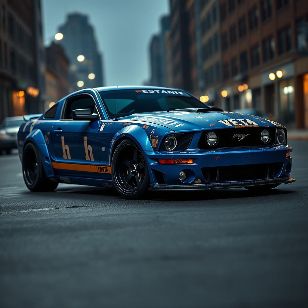 A blue 2006 Ford Mustang rat rod showcasing a very aggressive widebody kit, featuring scratched paint and mismatched body panels that emphasize its rugged, unique design