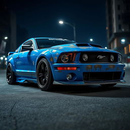 A blue 2006 Ford Mustang rat rod showcasing a very aggressive widebody kit, featuring scratched paint and mismatched body panels that emphasize its rugged, unique design