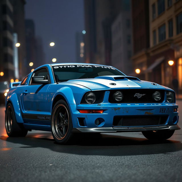 A blue 2006 Ford Mustang rat rod showcasing a very aggressive widebody kit, featuring scratched paint and mismatched body panels that emphasize its rugged, unique design