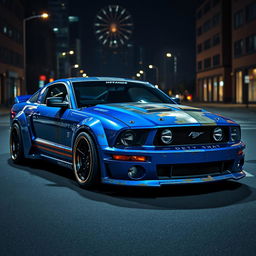 A blue 2006 Ford Mustang rat rod showcasing a very aggressive widebody kit, featuring scratched paint and mismatched body panels that emphasize its rugged, unique design