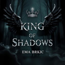 An enchanting book cover design for 'King of Shadows', featuring the title in brilliant metallic letters that shimmer against a dark, atmospheric forest background