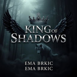 An enchanting book cover design for 'King of Shadows', featuring the title in brilliant metallic letters that shimmer against a dark, atmospheric forest background