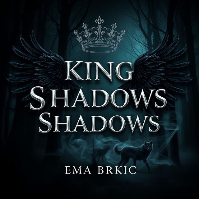 An enchanting book cover design for 'King of Shadows', featuring the title in brilliant metallic letters that shimmer against a dark, atmospheric forest background