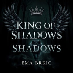 An enchanting book cover design for 'King of Shadows', featuring the title in brilliant metallic letters that shimmer against a dark, atmospheric forest background
