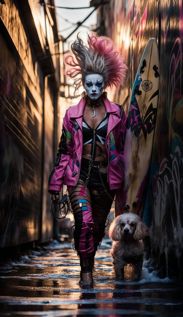 Ghostpunk clown with painted face and mohawk walks his neon pink poodle in a graffiti-filled alleyway. Tanned brunette woman surfs gracefully at sunrise. Image shot with Canon EOS 5DS, 85mm f/1.2 Lens.