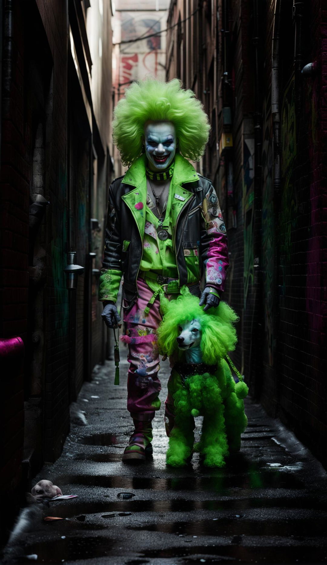 A ghostpunk style clown with neon green hair and spectral makeup walks his bubblegum pink poodle in a graffiti-covered alleyway under a flickering neon light. The image is shot with a Canon EOS 5DS using an 85mm f/1.2 lens.