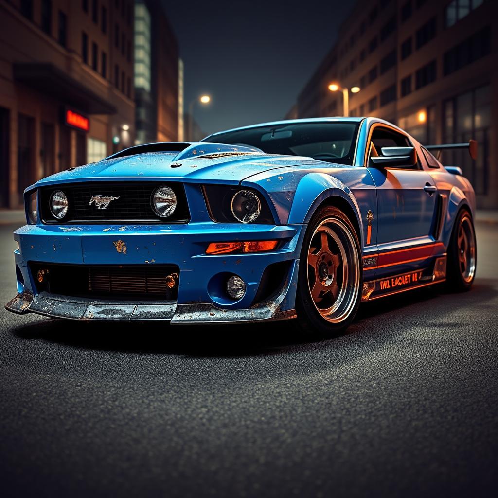 A blue 2006 Ford Mustang rat rod featuring a very aggressive widebody kit and a large rear spoiler, showcasing its bold and assertive style