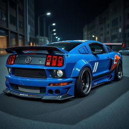 A blue 2006 Ford Mustang rat rod featuring a very aggressive widebody kit and a large rear spoiler, showcasing its bold and assertive style