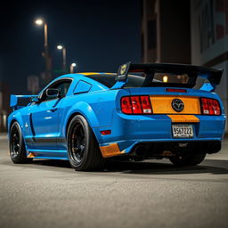 A blue 2006 Ford Mustang rat rod featuring a very aggressive widebody kit and a large rear spoiler, showcasing its bold and assertive style