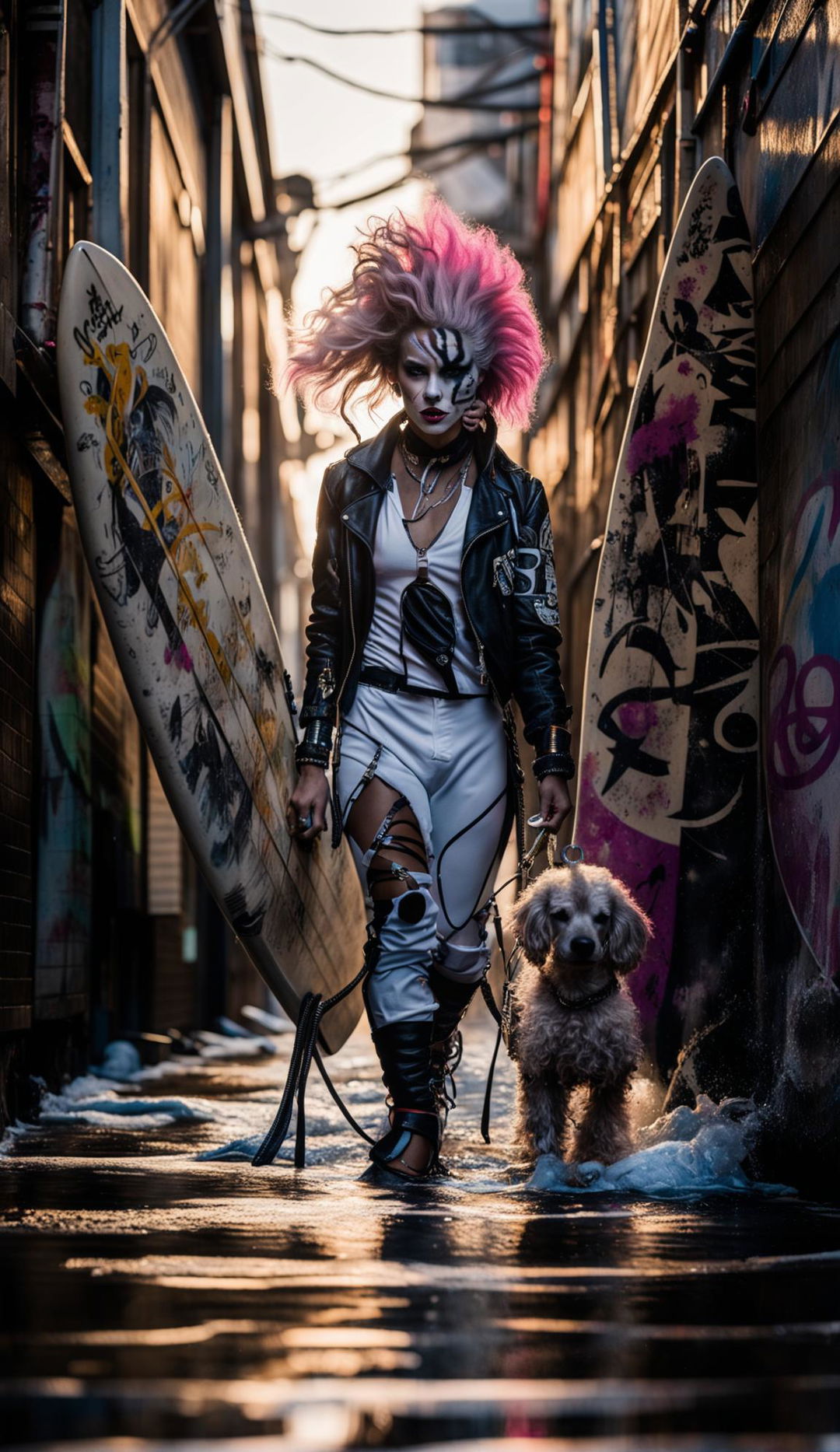 Ghostpunk clown with painted face and mohawk walks his neon pink poodle with styled hair in a graffiti-filled alleyway. Tanned brunette woman surfs gracefully at sunrise. Image shot with Canon EOS 5DS, 85mm f/1.2 Lens.