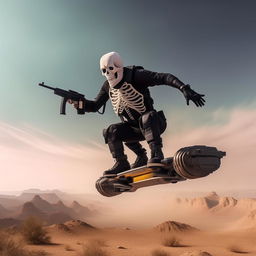 A rifle-armed kidnapper donned in a skeleton face mask and standard bullet-proof vest, daringly gliding on a hover-board in the expansive sky.