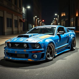 A blue 2006 Ford Mustang rat rod featuring a very aggressive widebody kit and a large rear spoiler, showcasing its bold and assertive style