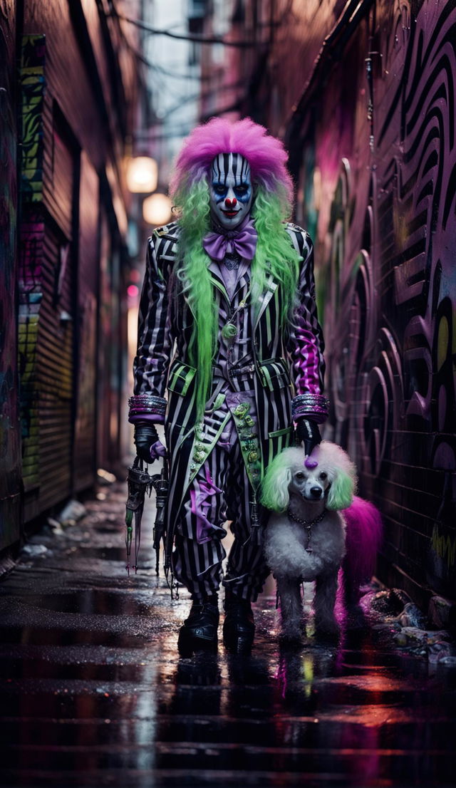 A Ghostpunk clown with an eerie appearance walks his pink-haired pageant poodle down a neon-lit alleyway. Captured with a Canon EOS 5DS, 85mm f/1.2 lens.